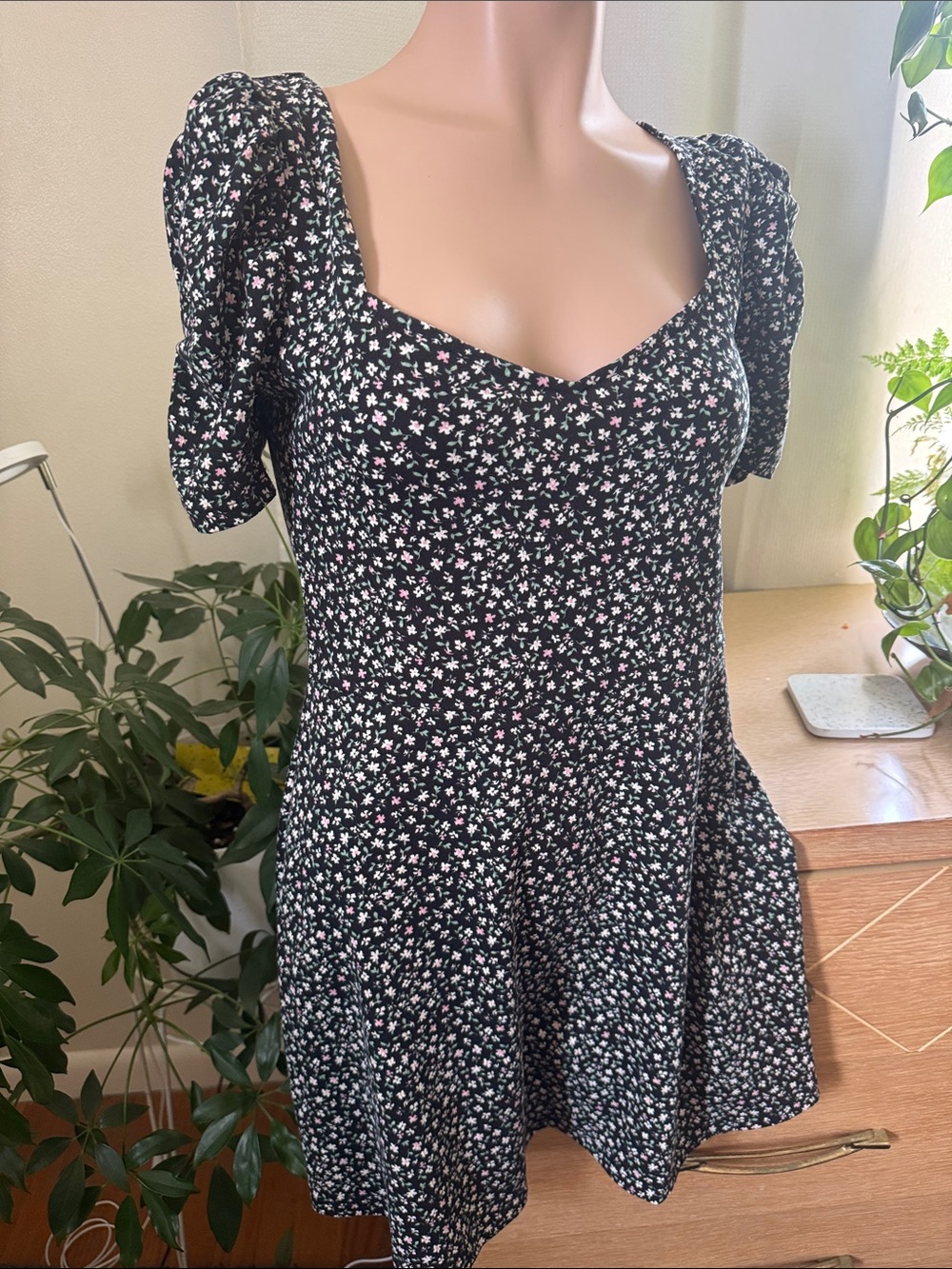 H&M Black Mini Dress with White and Pink Floral Print